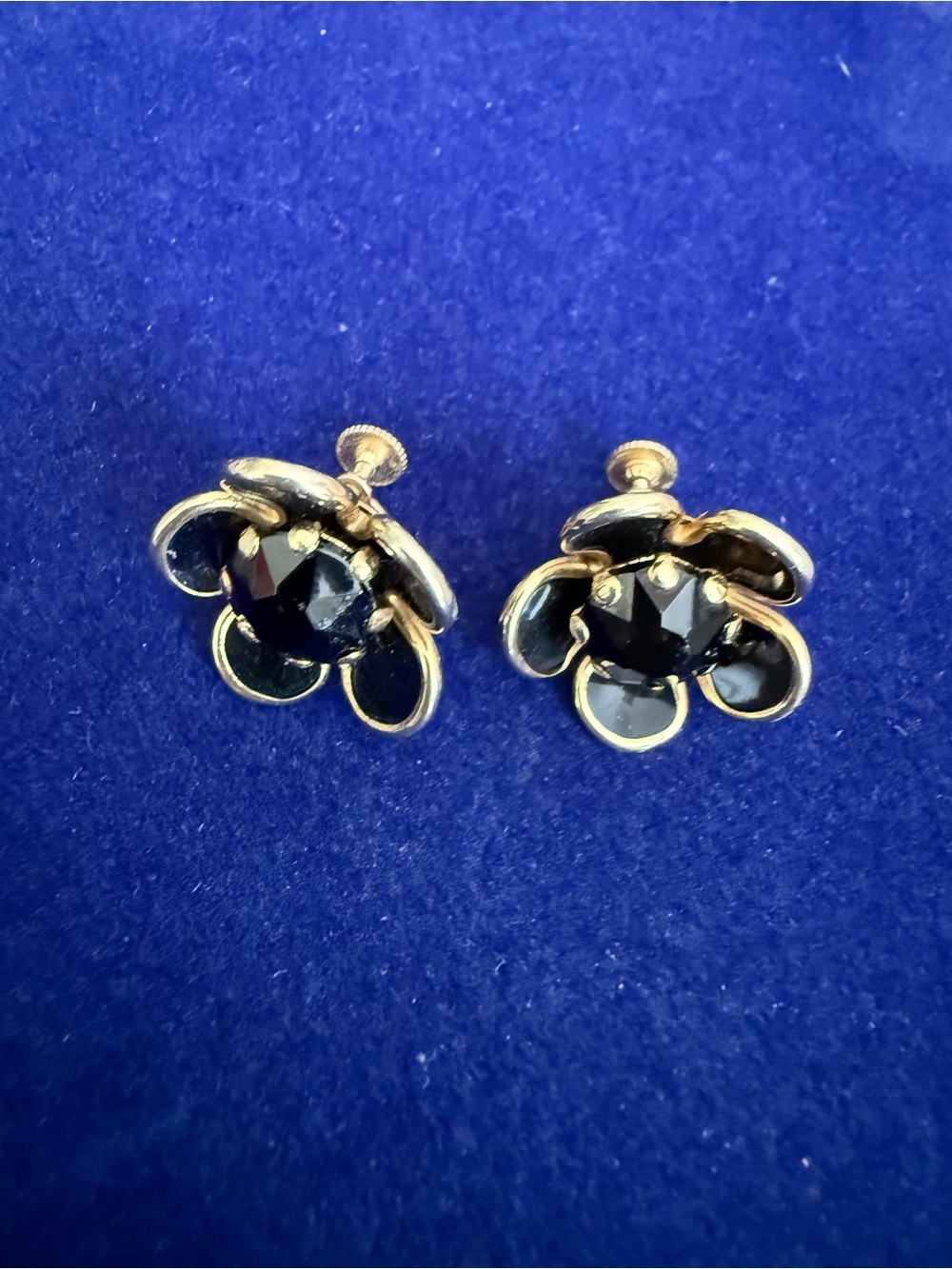 Vintage Gold-Tone Black Crystal Flower crew back Earrings